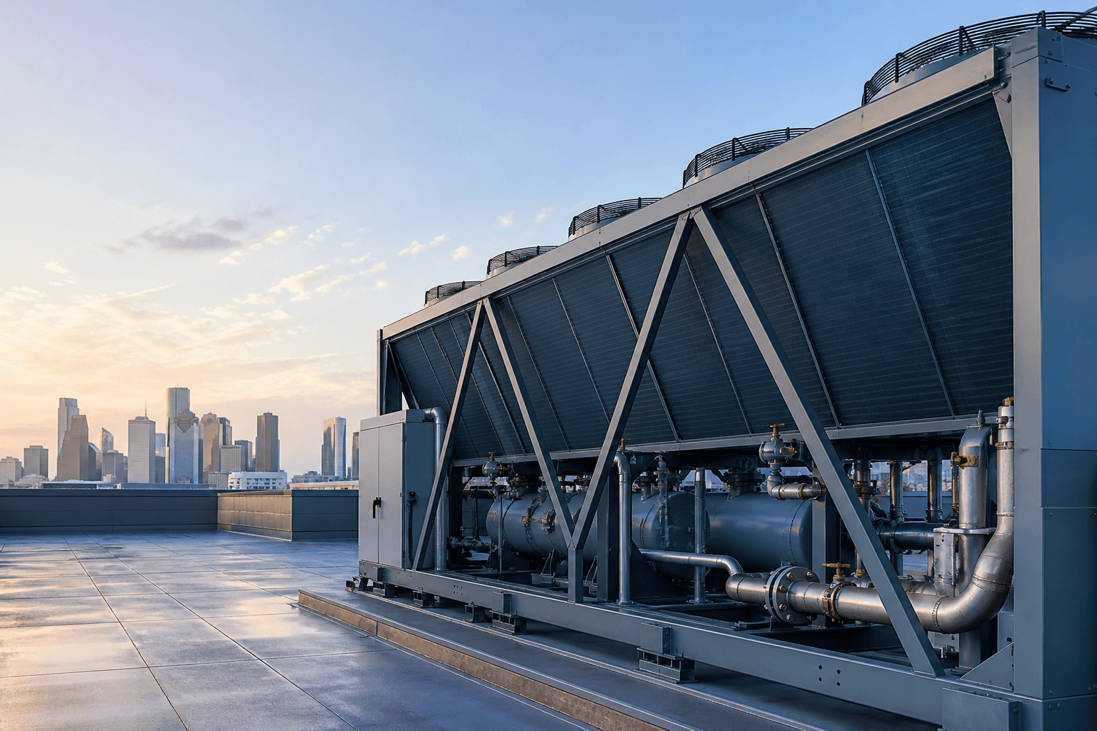 Large commercial chiller installation overlooking the Houston skyline